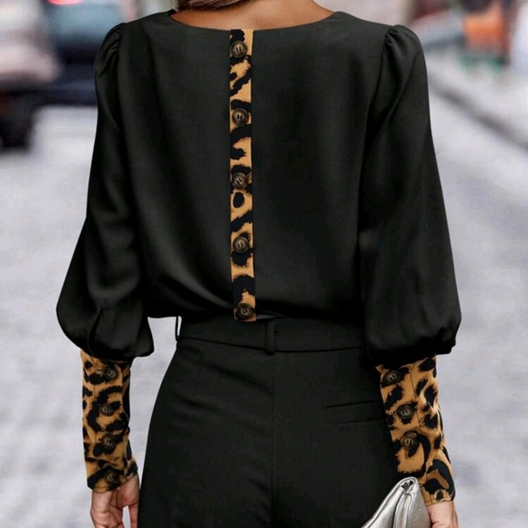 Tops - Women Casual Leopard Print Patchwork Button Decoration Blouse